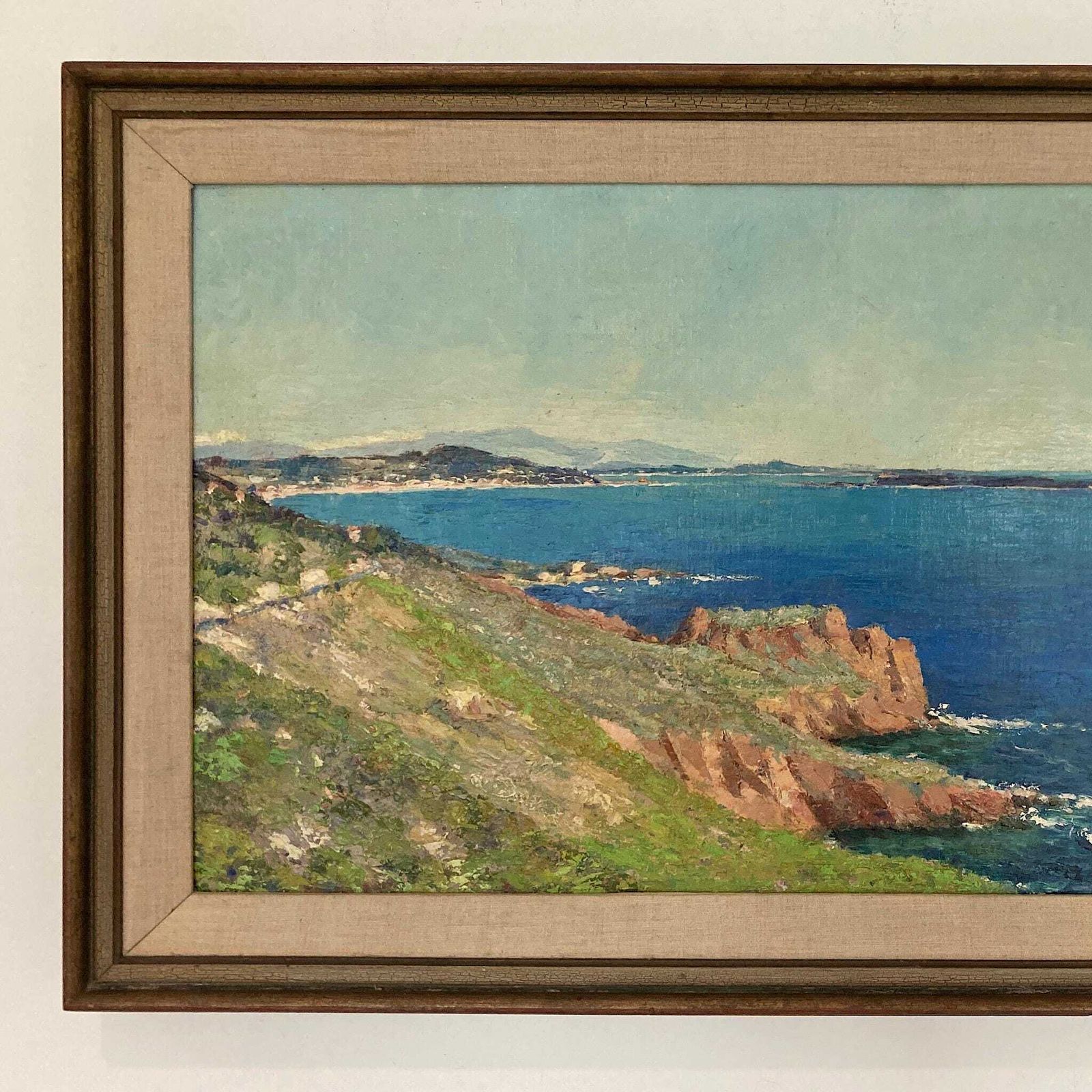Cote D’azure   Vintage Oil On Canvas Board Coastline Painting Of The Cote D’azure France Dated 1957 photo 395.0