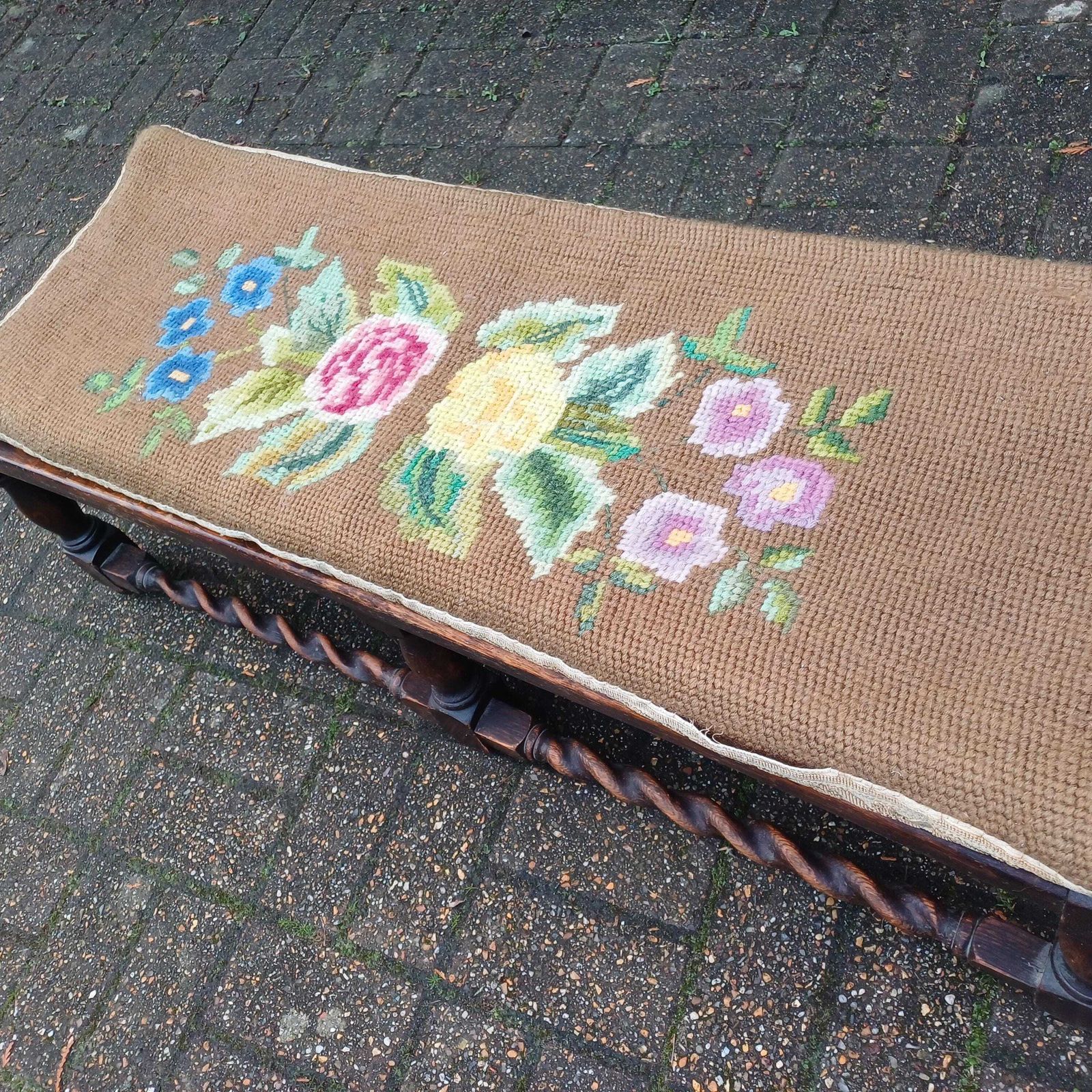 Early 20th Century Oak Stool With Turned Legs Bold Still Life Tapestry Cushion & Cane Seat photo Furniture
