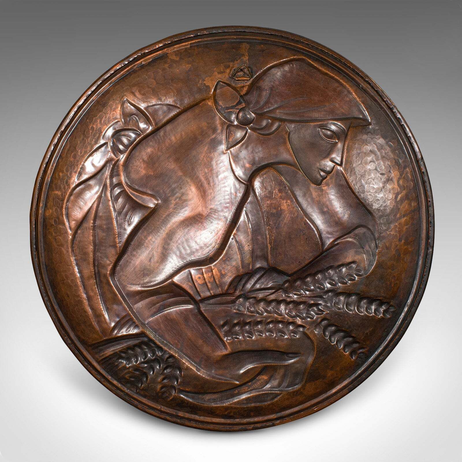 Large Vintage Relief Charger, Belgian, Hand Beaten Copper, Harvest Tray, C.1930 photo vintage