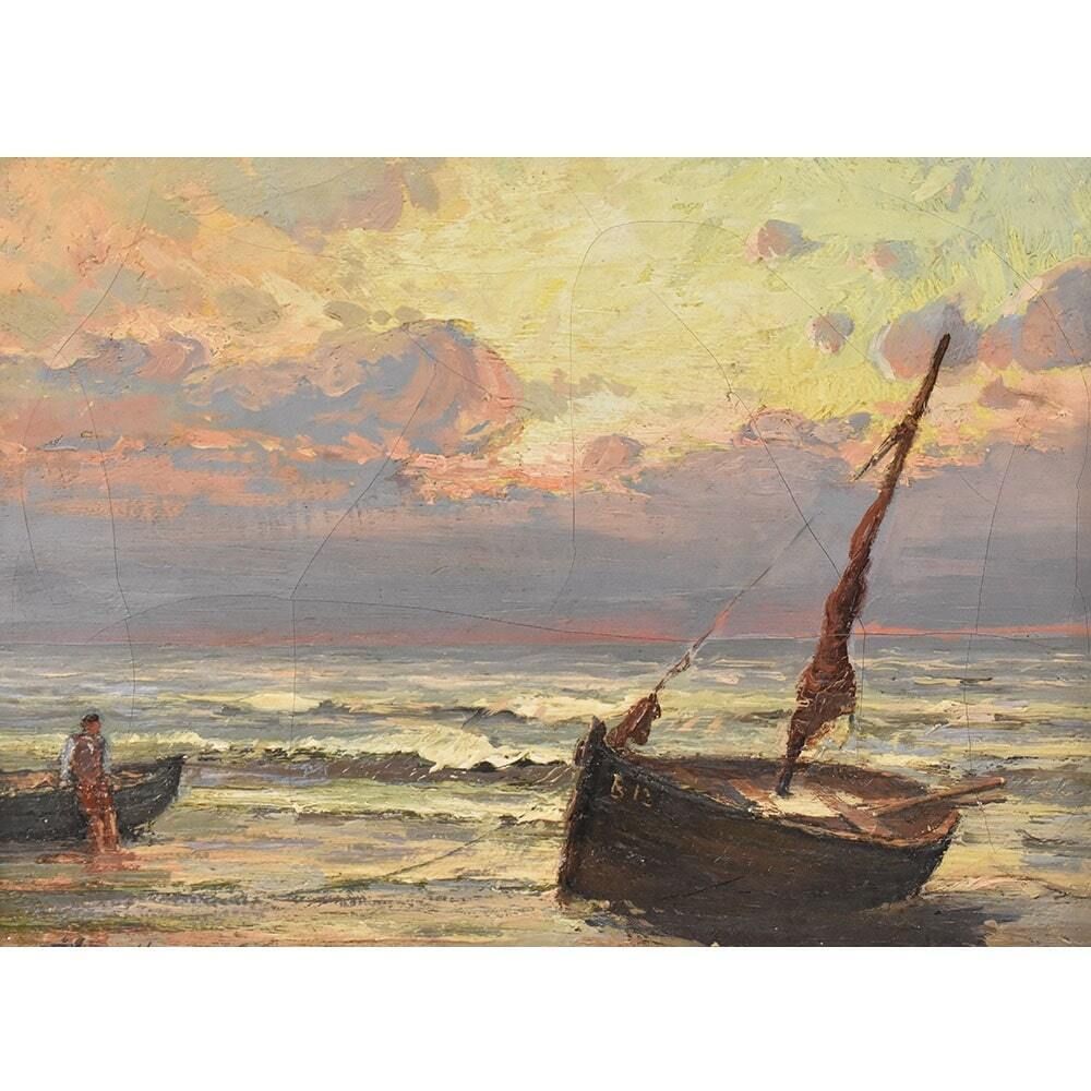 Antique Landscape Oil Painting, Small Seascape With Coast And Sea, 19th Century. photo for sale