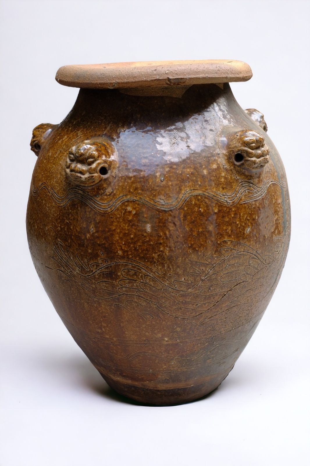 Antique 18th Century Chinese Martaban Jar | Qing Dynasty Ceramic Storage Vessel With Lion Handles & Brown Glaze