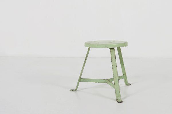 Industrial Green Painted Stool With Steel Base And Wooden Top, 1930s photo vinterior