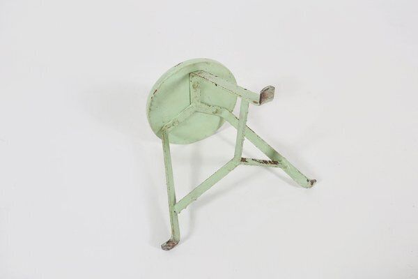 Industrial Green Painted Stool With Steel Base And Wooden Top, 1930s photo vintage