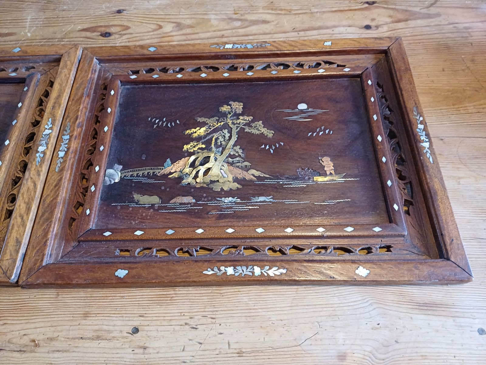 2 Japanese Wood, Brass And Mother Of Pearl Panel Paintings photo 64.0
