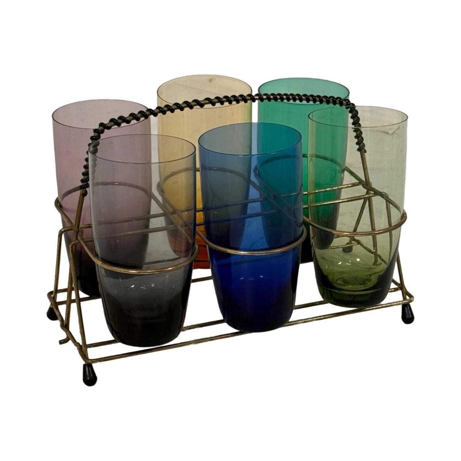 Approx. 1950's   Germany   Mcm Bar Set   Six Low Glasses, 4 Long Stem Shot (Schnapps) Glasses And A Teak Serving Tray   Multi Colored