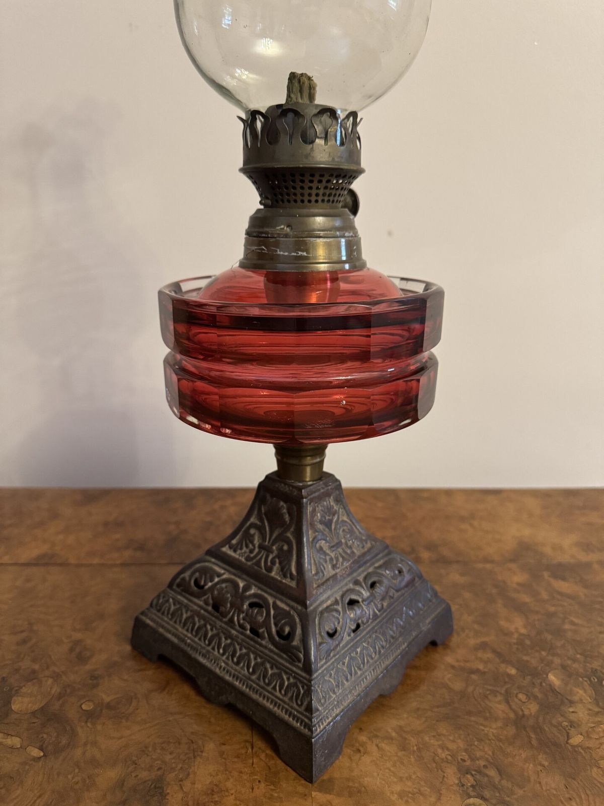 Pretty Antique Cranberry Glass Oil Lamp photo for sale