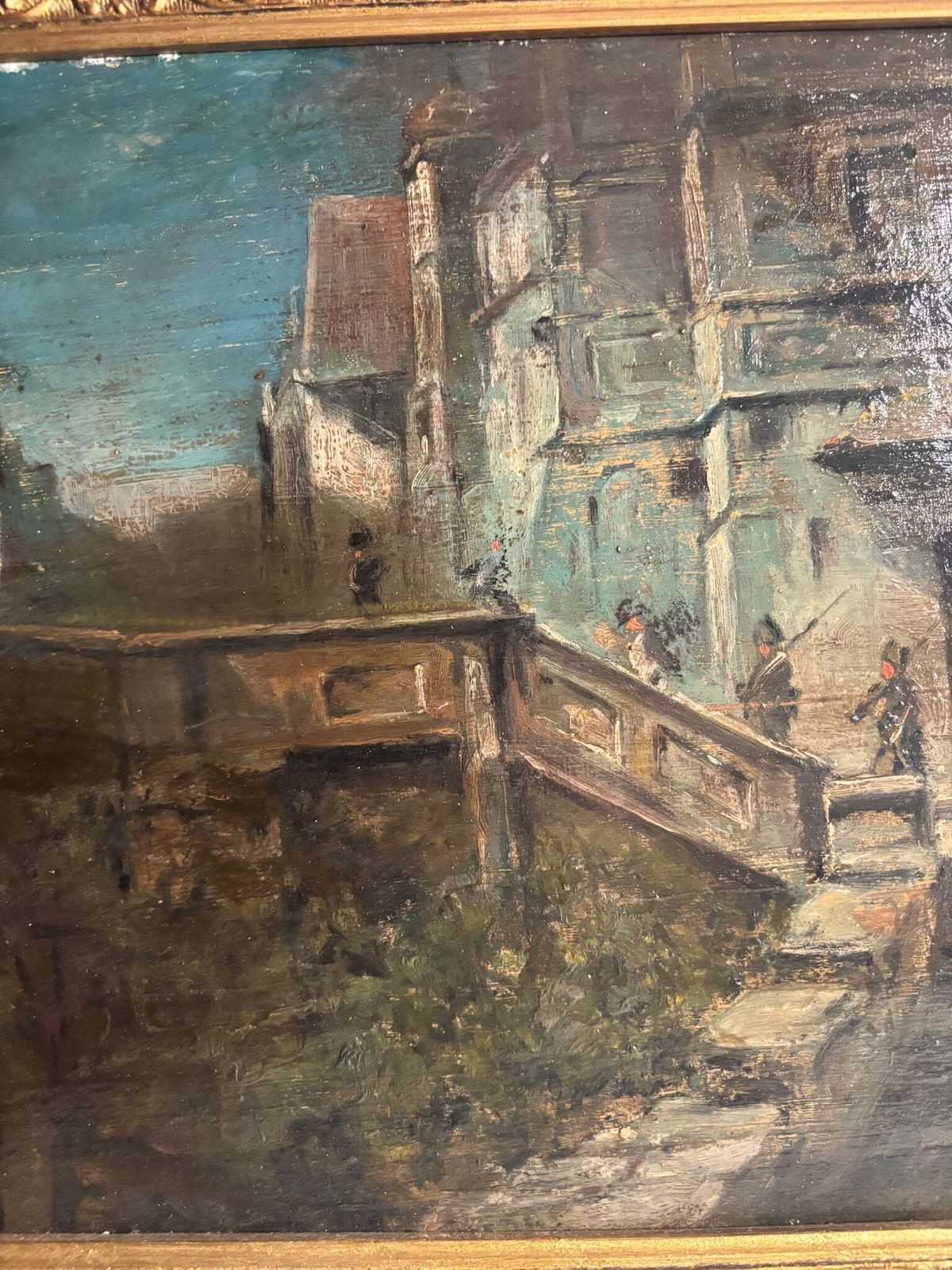 Oil Painting On Panel Of Soldiers In Urban Landscape Late 1800s photo for sale