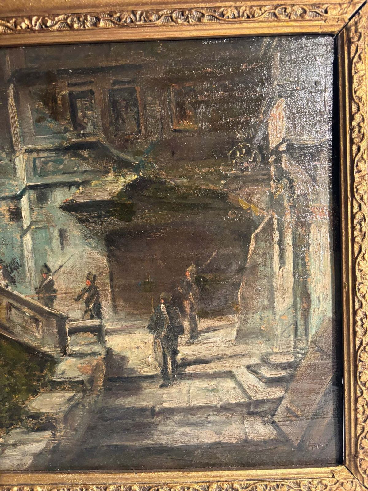 Oil Painting On Panel Of Soldiers In Urban Landscape Late 1800s photo 289.0