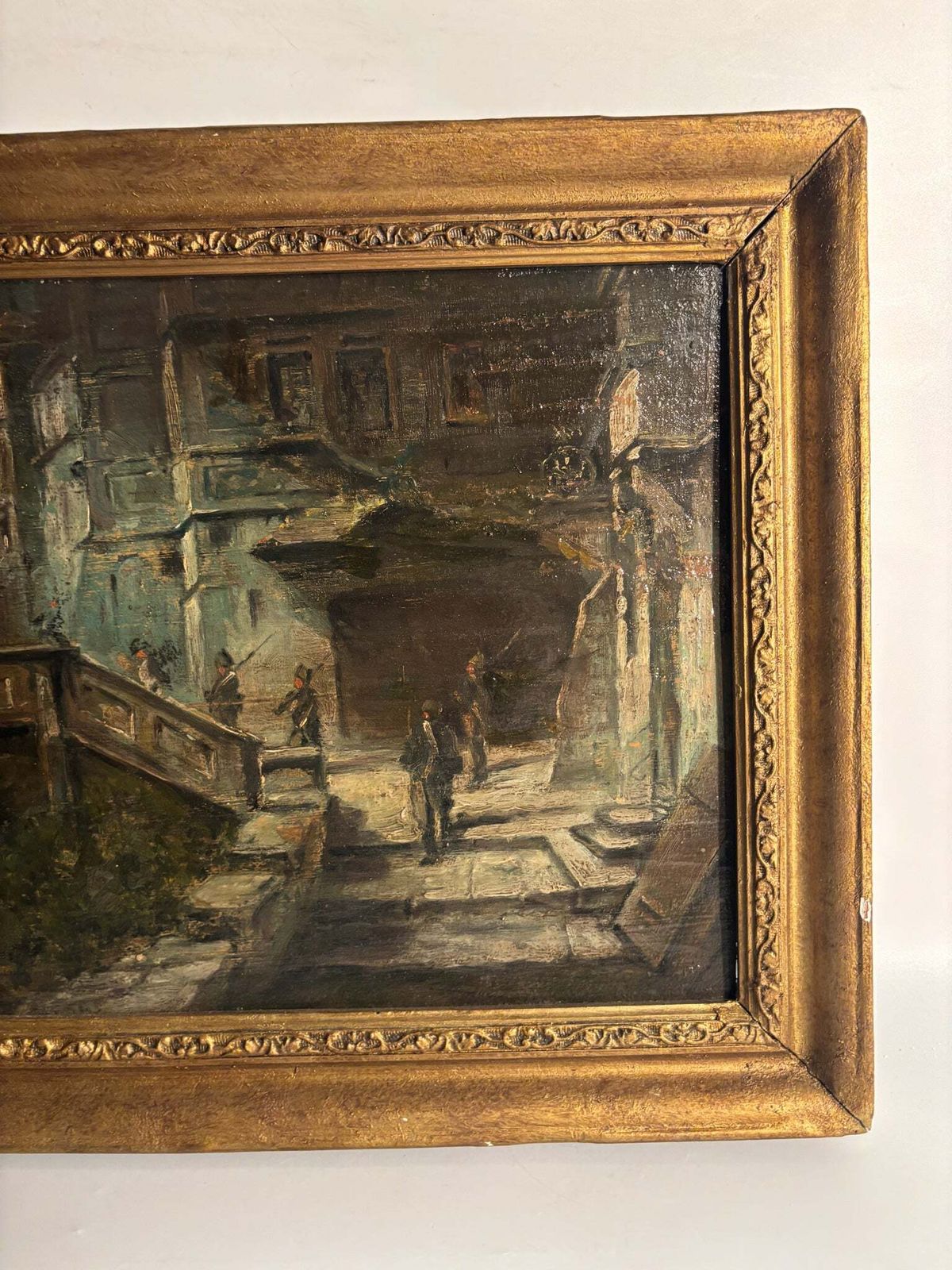 Oil Painting On Panel Of Soldiers In Urban Landscape Late 1800s photo vinterior