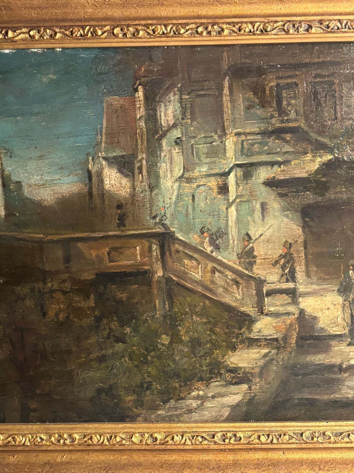 Oil Painting On Panel Of Soldiers In Urban Landscape Late 1800s photo buy