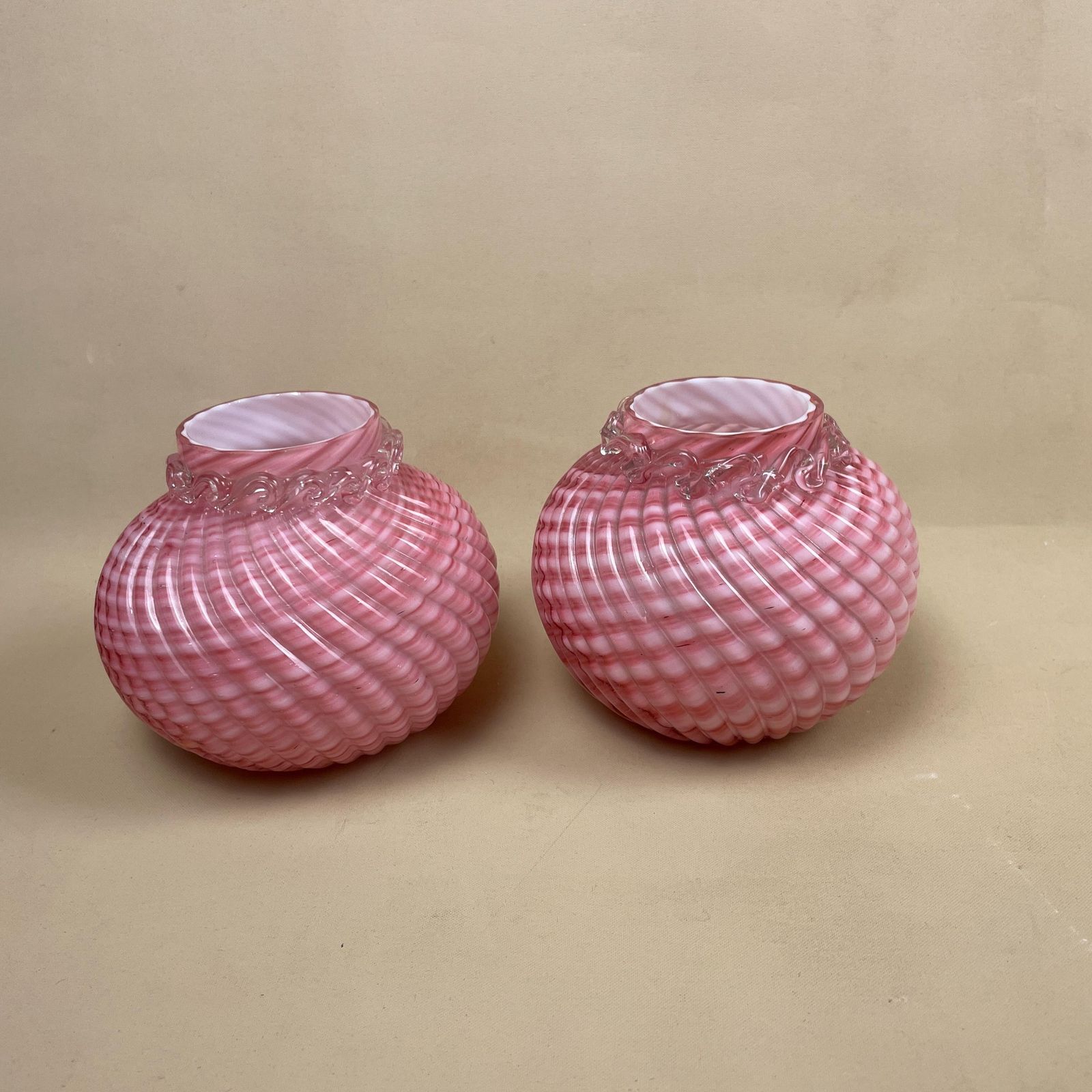 Franz Welz Pair Of Vases Pink Bohemian Glass Antique Swirly C.1890’s Vase Posy Pot White Hand Blown Swirl Tea Light Vintage Pattern Swirled photo Home Decor