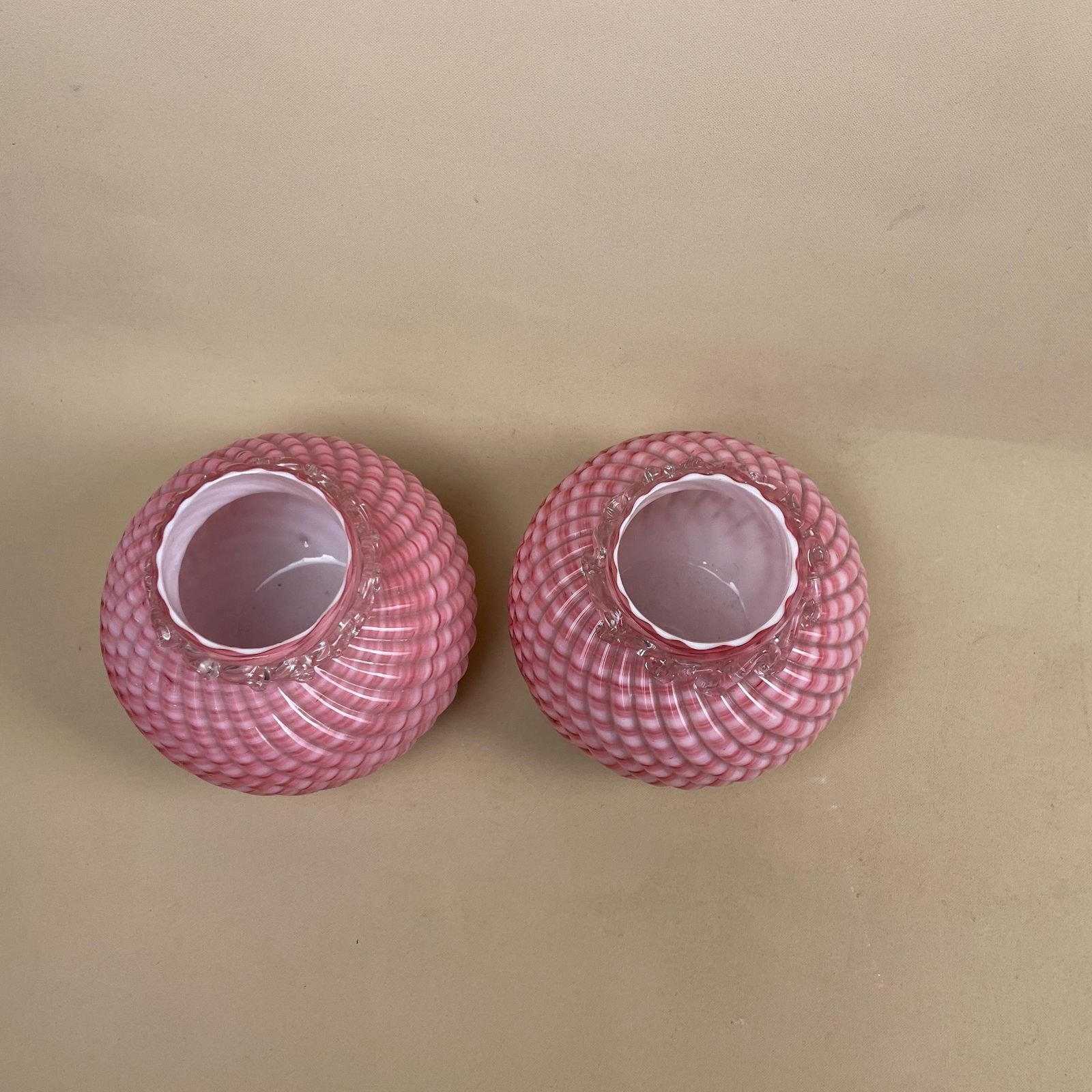 Franz Welz Pair Of Vases Pink Bohemian Glass Antique Swirly C.1890’s Vase Posy Pot White Hand Blown Swirl Tea Light Vintage Pattern Swirled photo buy