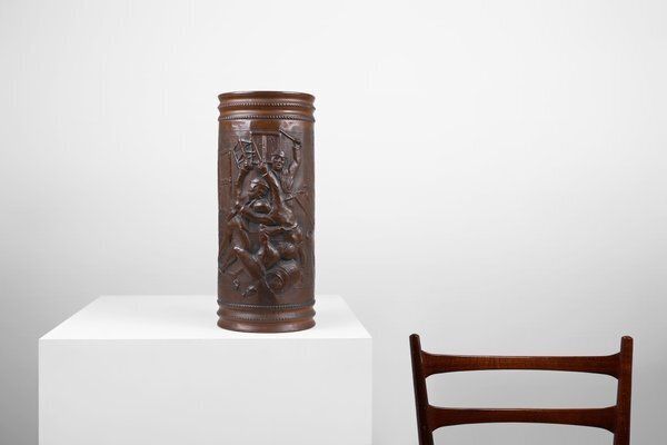 Copper Umbrella Stand With Hammered Relief Of Medieval Café, France, 1900s photo furniture