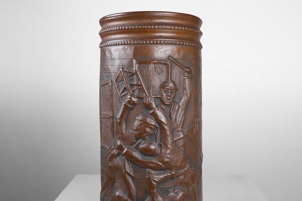 Copper Umbrella Stand With Hammered Relief Of Medieval Café, France, 1900s photo for sale