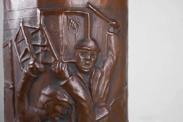 Copper Umbrella Stand With Hammered Relief Of Medieval Café, France, 1900s photo Home Decor