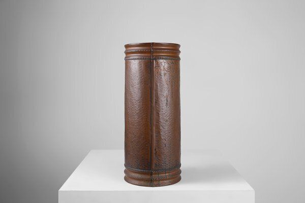 photo furniture Copper Umbrella Stand With Hammered Relief Of Medieval Café, France, 1900s