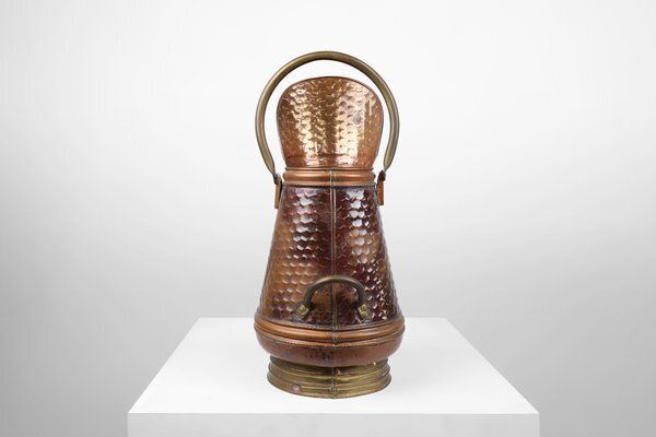 photo furniture Copper Umbrella Stand With Hammered Medieval Bakery Relief, France, 1900s
