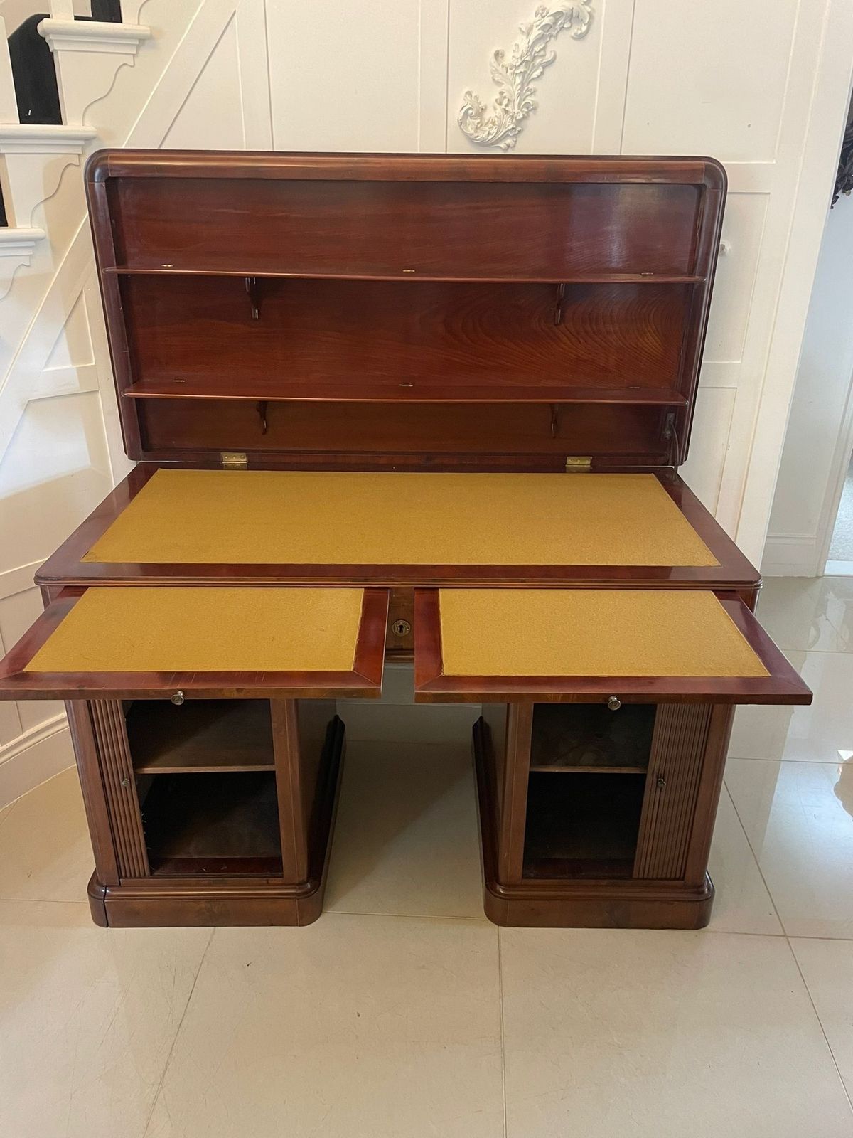 Unusual Antique 19th Century Quality Figured Mahogany Kneehole Architects Desk photo vintage