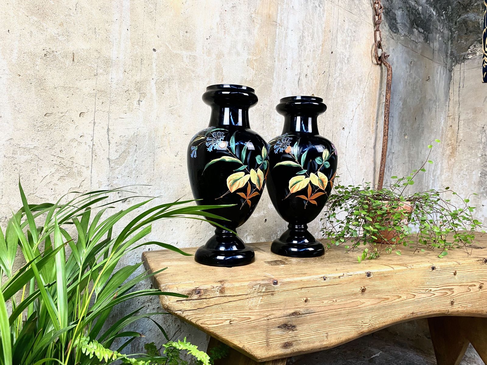 Victorian Pair Amethyst Glass Vases With Hand Painted Floral Design photo for sale