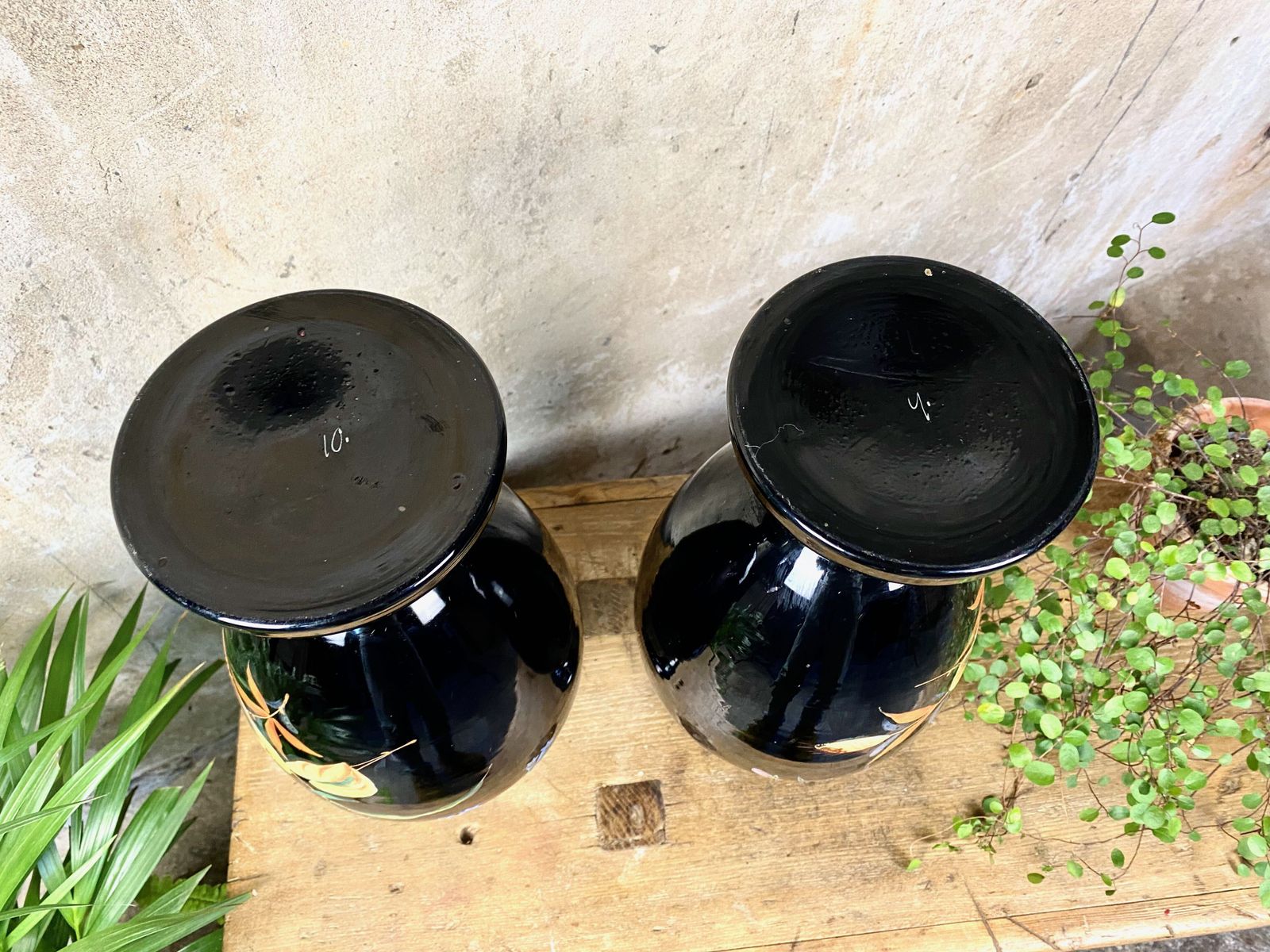 photo furniture Victorian Pair Amethyst Glass Vases With Hand Painted Floral Design