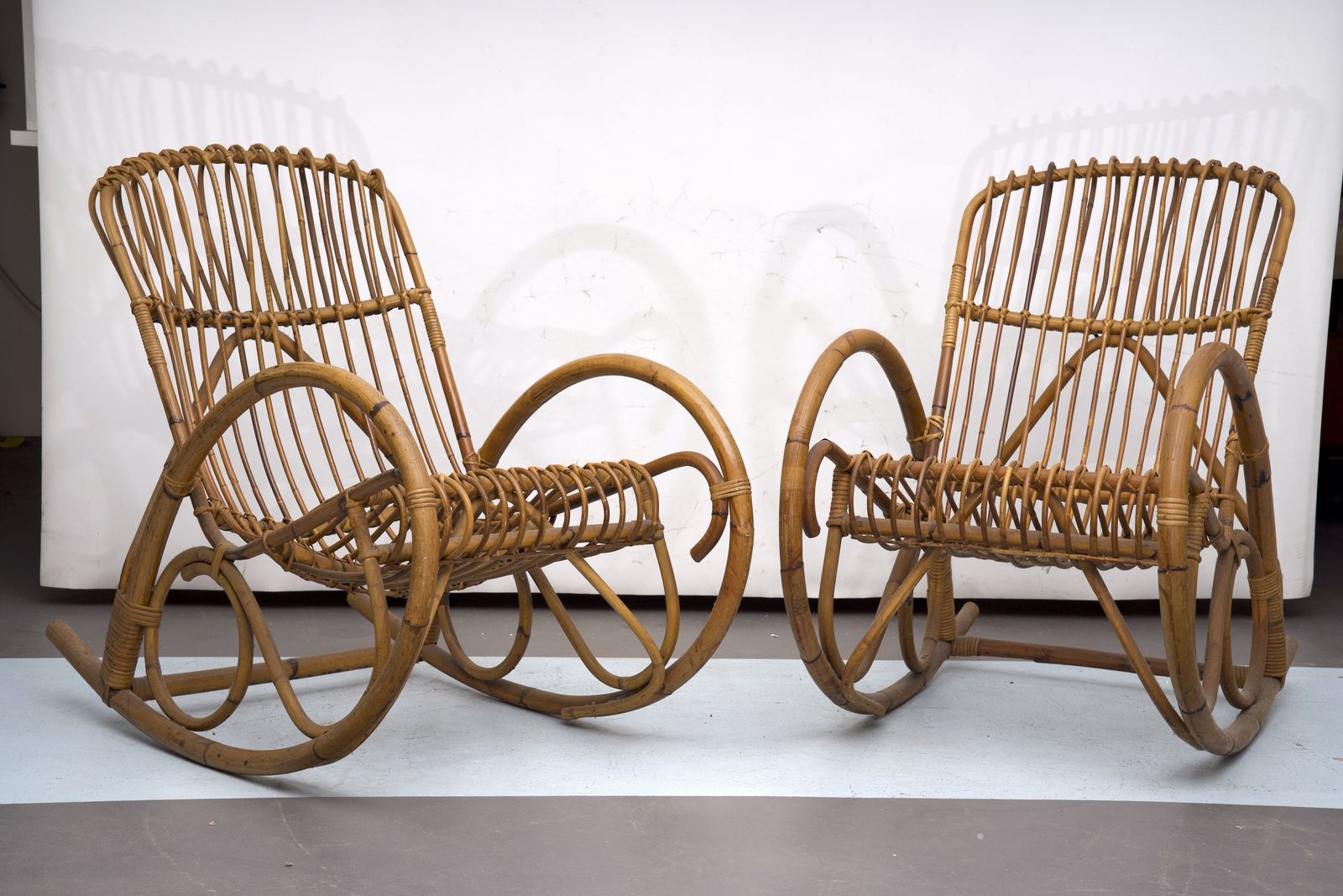 Franco Albini Style, Pair Of Rattan And Bamboo Rocking Chairs. Italy 1950s photo 3380.0