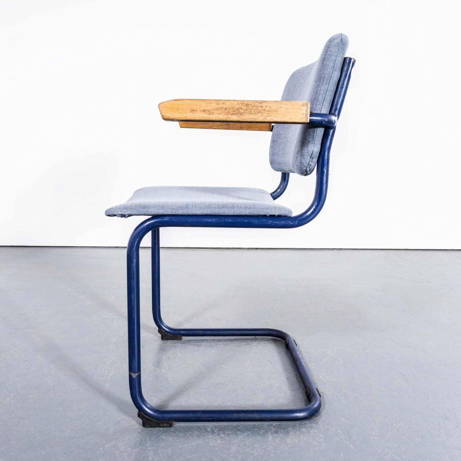 1970’s Cantilever Blue Frame Dining Chairs With Blue – Grey Upholstery – Set Of Six photo vinterior