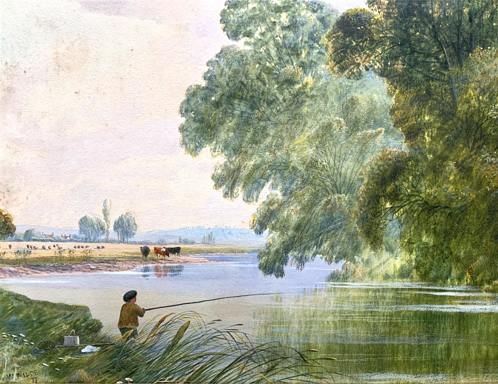 Fine C19th Victorian Watercolour   Boy Fishing In A Rural Landscape   William Wilde (1826 1901) photo Art