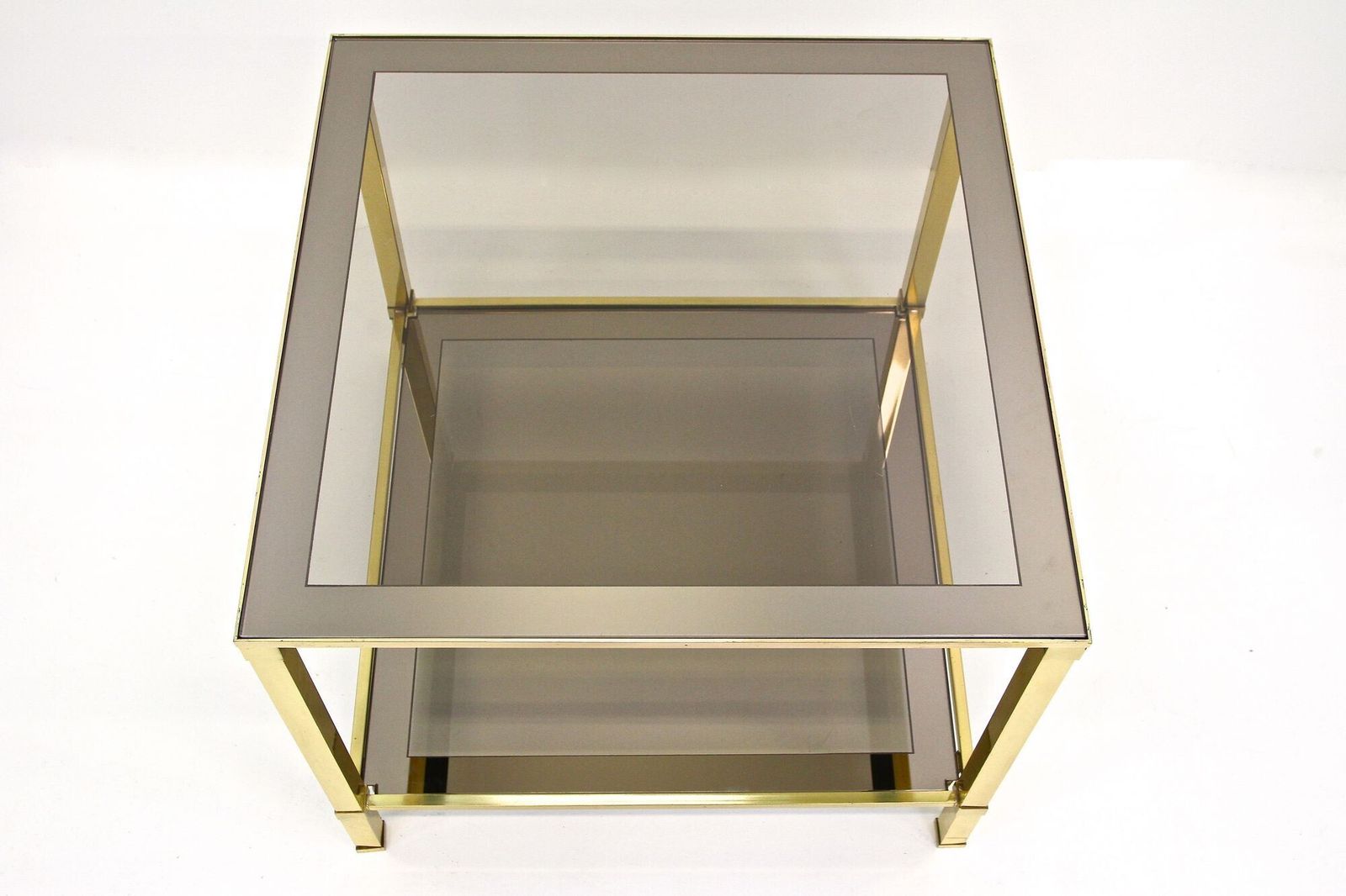 Furniture 20th Century Hollywood Regency Brass Side/ End Table, Smoked Glass, It Ca. 1970 photo
