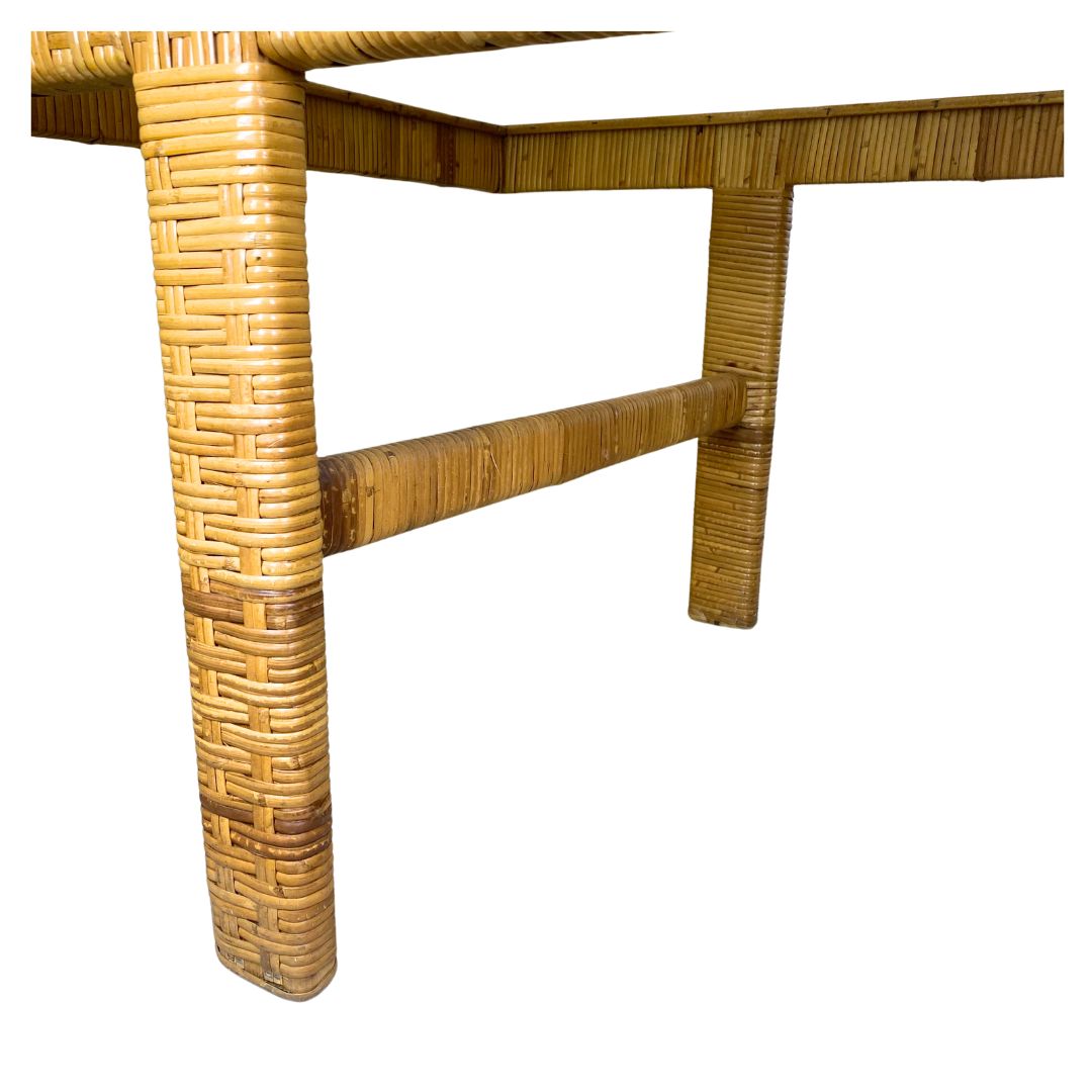 Furniture Danish Modern Coffee Table In Rattan Cane And Matt Glass By R. Wengler 1940s photo