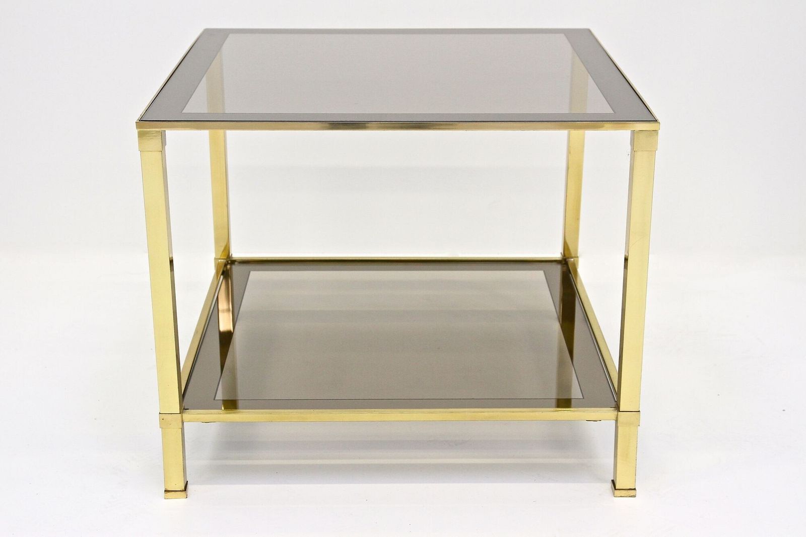 Pair Of Hollywood Regency Brass End/ Side Tables, Smoked Glass, Italy Ca. 1970 photo Furniture