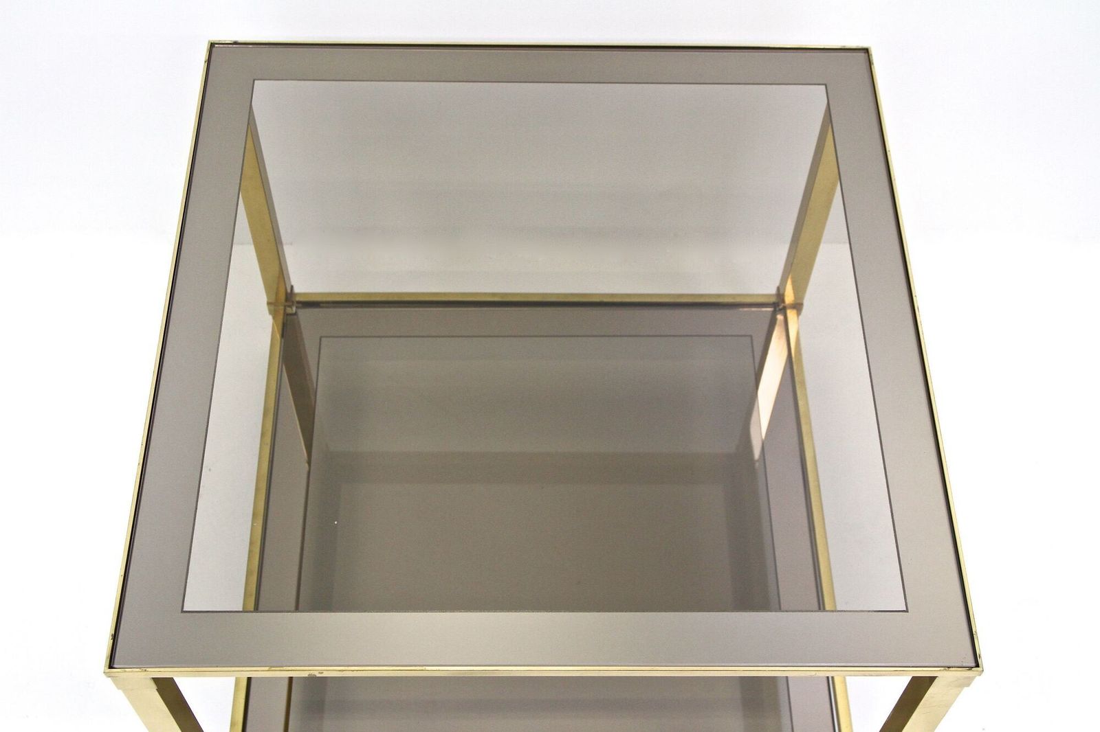 Furniture Pair Of Hollywood Regency Brass End/ Side Tables, Smoked Glass, Italy Ca. 1970 photo