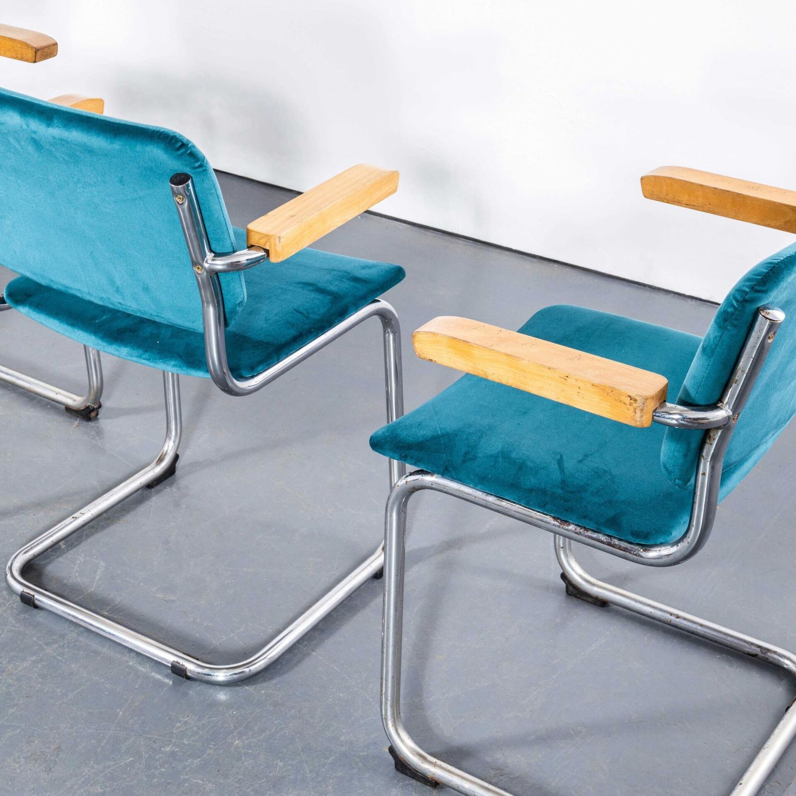1970's Cantilever Chrome Frame Dining Chairs With Turquoise Upholstery   Set Of Four photo furniture