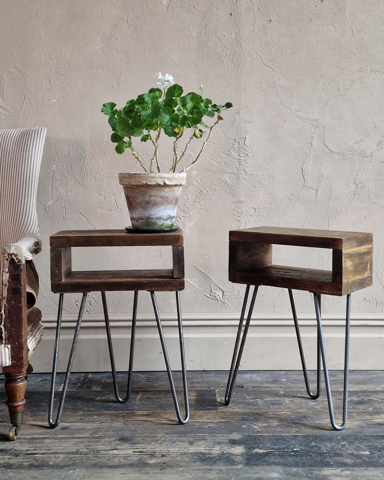 Pair Of Retro Reclaimed Wood Bedside Side Tables With Hairpin Legs photo furniture