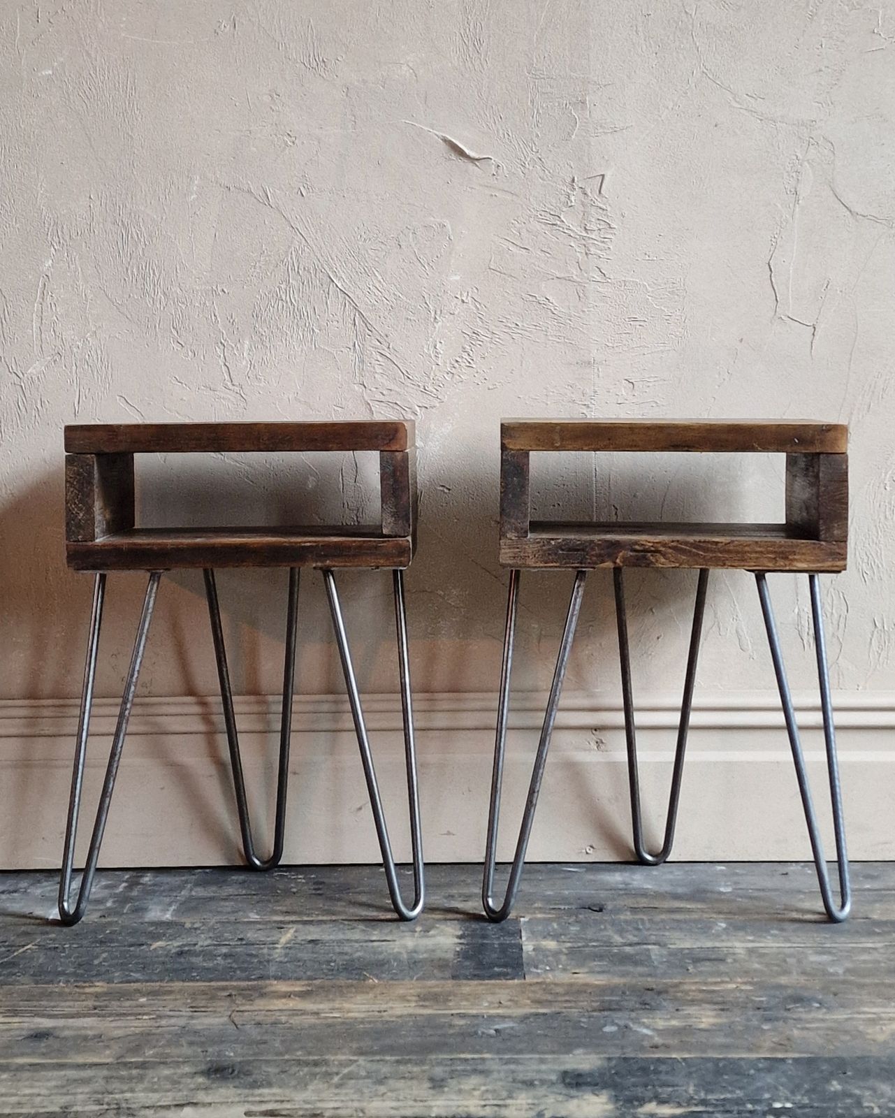 Pair Of Retro Reclaimed Wood Bedside Side Tables With Hairpin Legs photo for sale