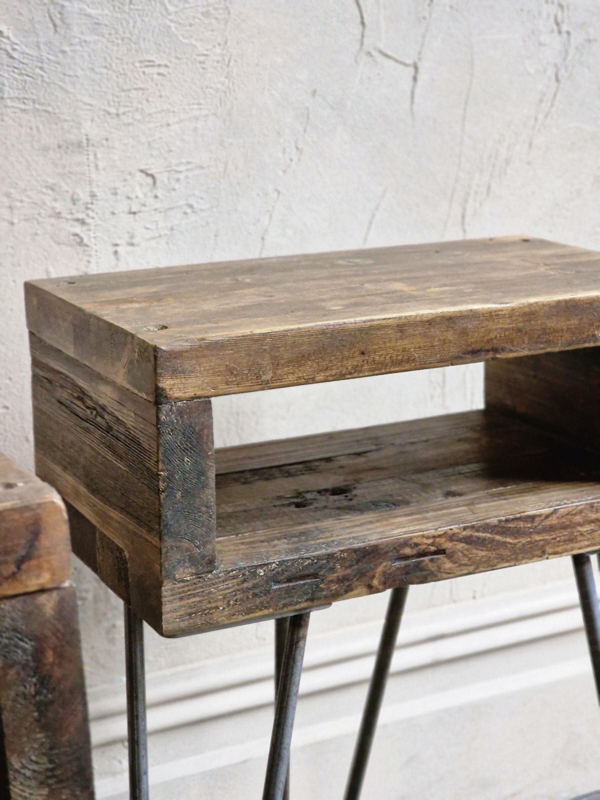 Pair Of Retro Reclaimed Wood Bedside Side Tables With Hairpin Legs photo buy