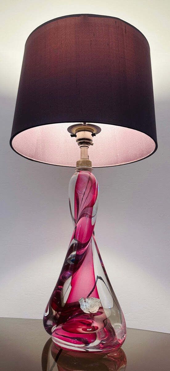 1950s Belgium Val Saint Lambert Pink & Clear Twisted Crystal Glass Table Lamp Base photo for sale
