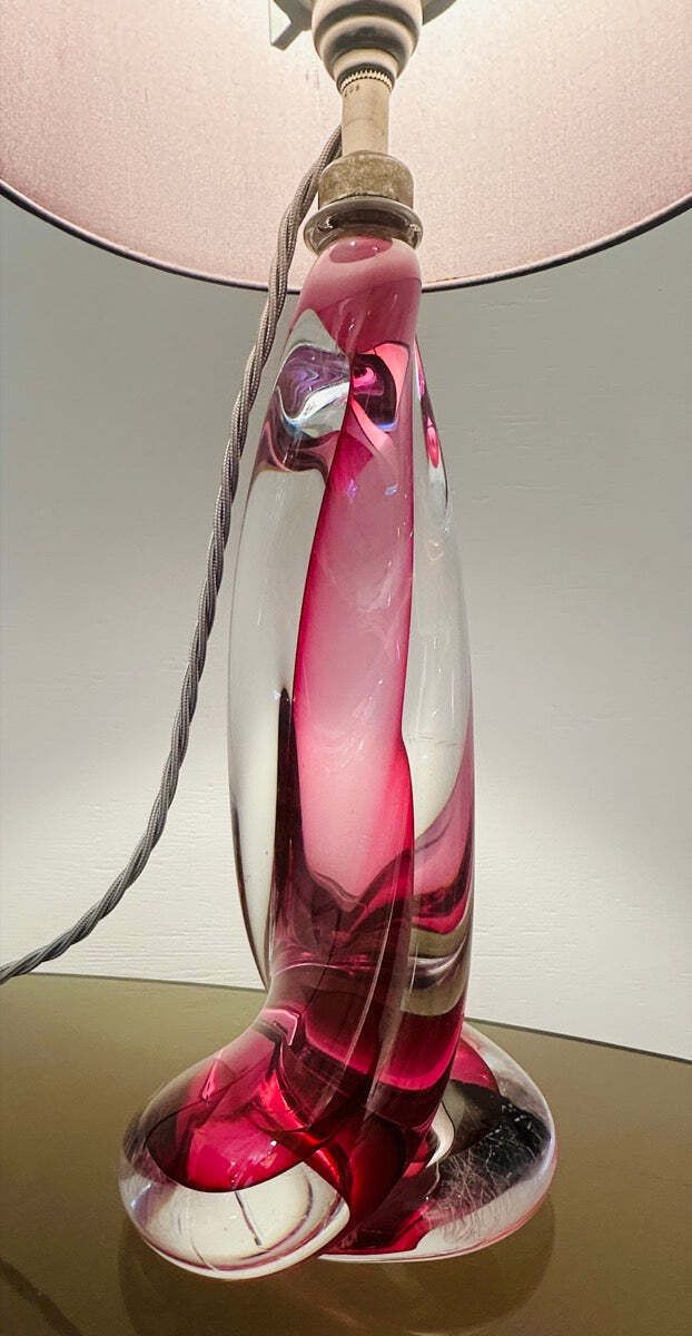325.0 1950s Belgium Val Saint Lambert Pink & Clear Twisted Crystal Glass Table Lamp Base photo