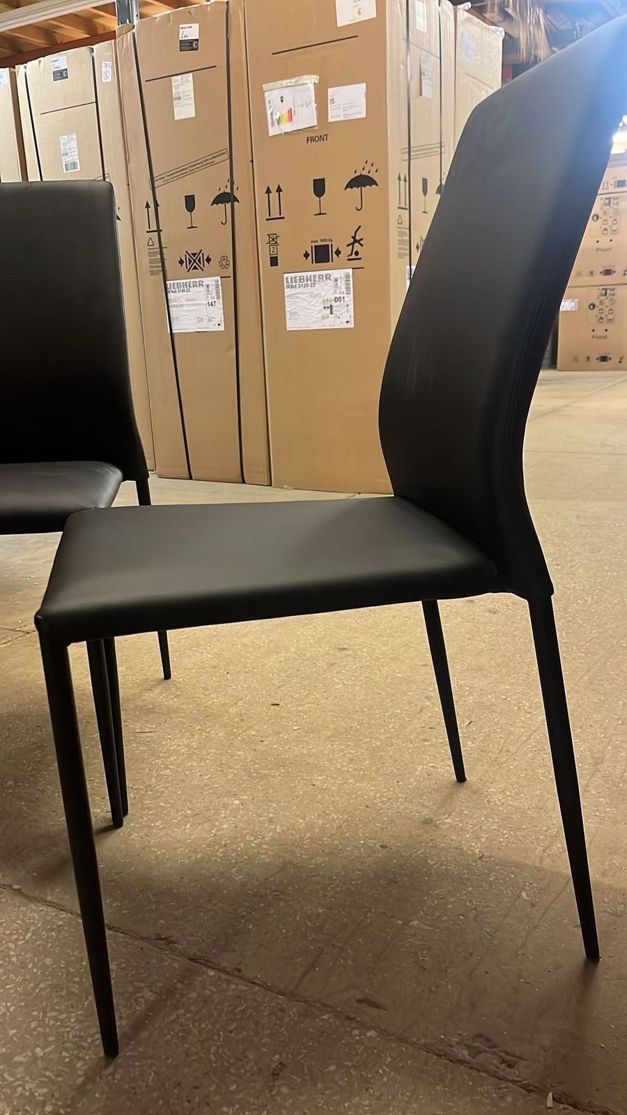 6 Italian Metal Framed And Black Leather Upholstered Dining Chairs