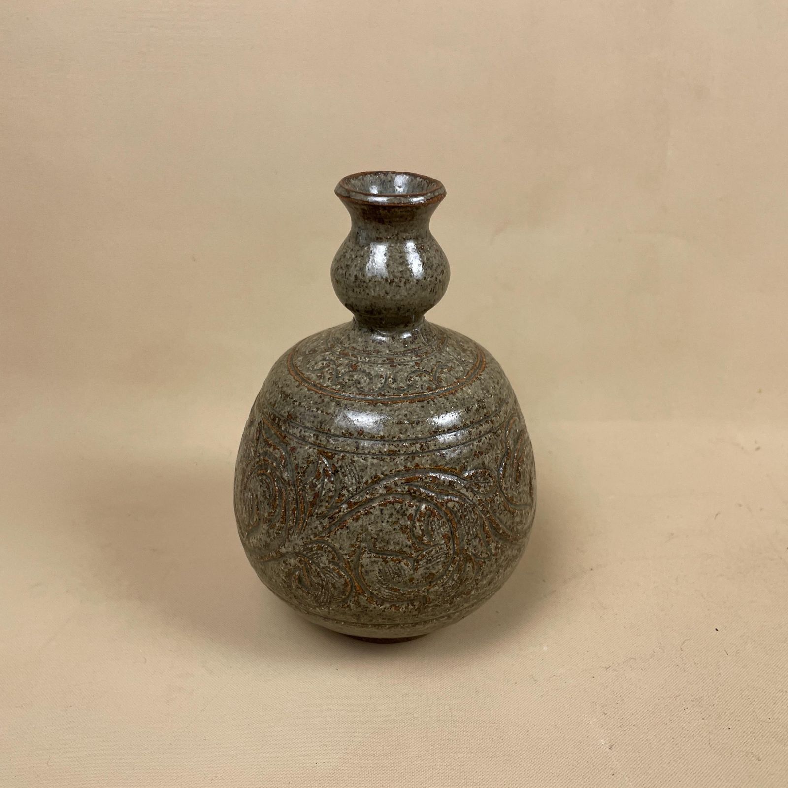 Antique Handmade Vase Decorative Ceramic Pot Pattern Flower Art Studio Pottery Handmade Vintage Clay Cottage Planter Glaze Green photo for sale