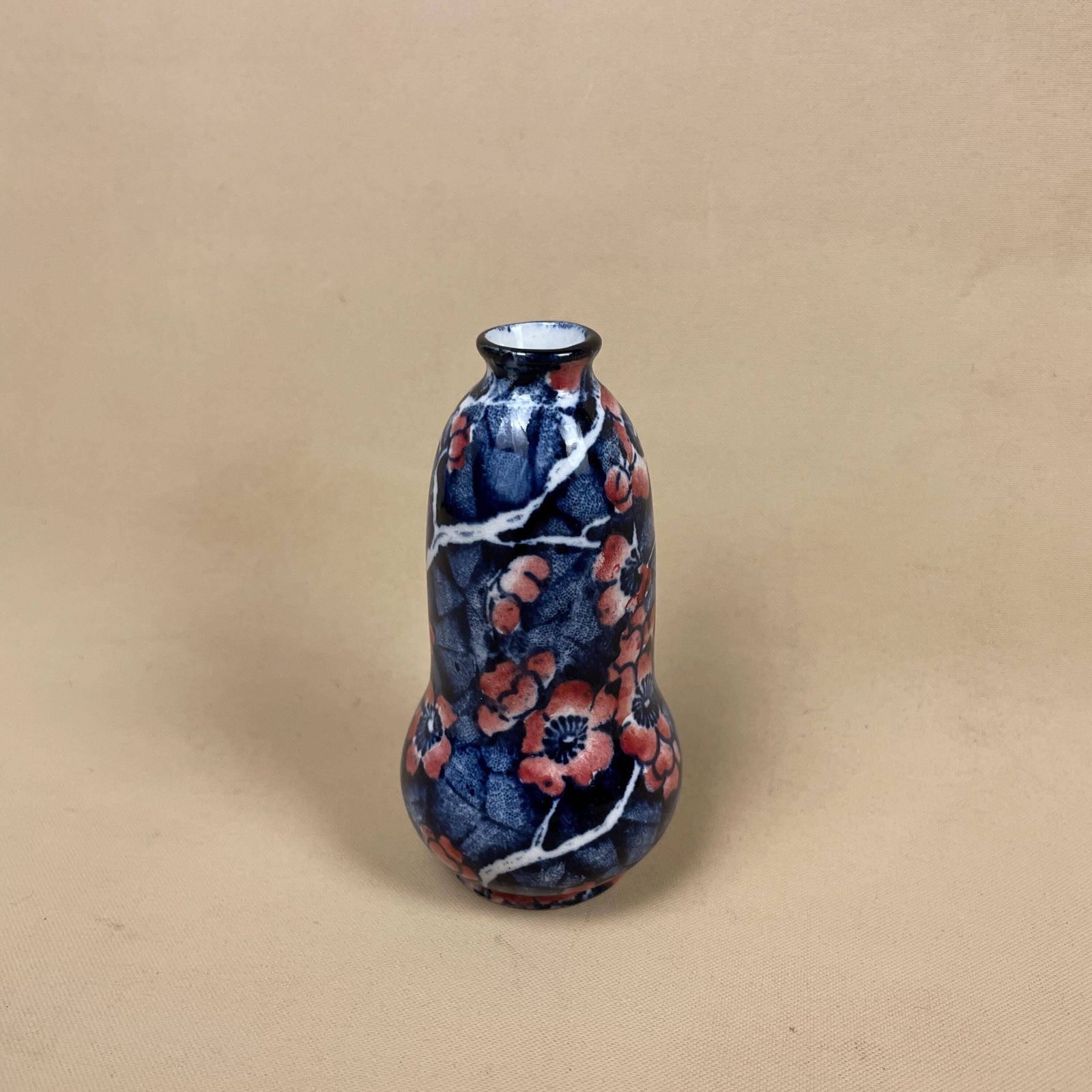 Miniature Ceramic Hand Painted Vase Small Decorative Pot Blue Pink Floral Mini Oriental Prunus