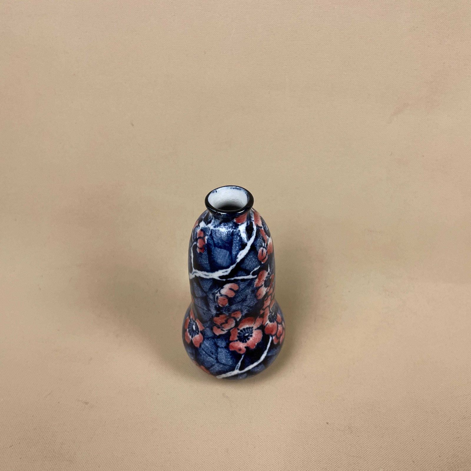 Miniature Ceramic Hand Painted Vase Small Decorative Pot Blue Pink Floral Mini Oriental Prunus photo for sale