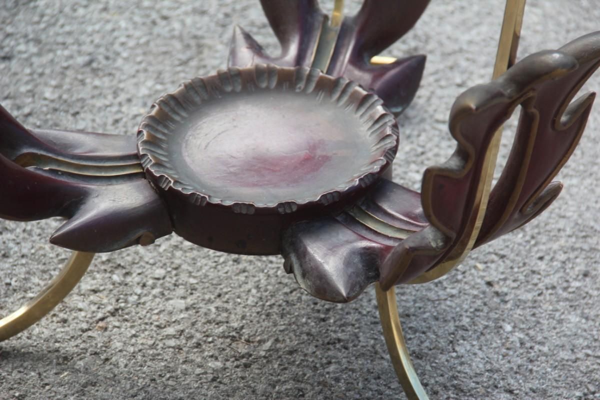 Colli Round Mid Century Modern Italian Table Coffee Leaves Brass Sculpture Glass photo for sale