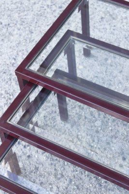 Bordeaux And Brass Lacquered Metal Tables From Maison Jansen, France, 1950s, Set Of 3 photo Furniture