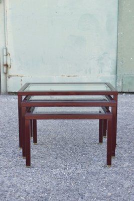 photo furniture Bordeaux And Brass Lacquered Metal Tables From Maison Jansen, France, 1950s, Set Of 3