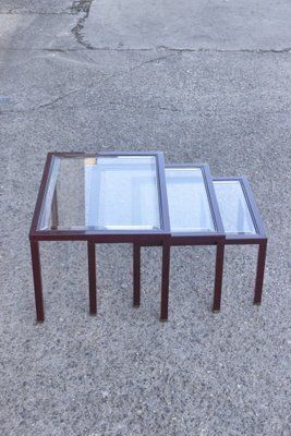 photo for sale Bordeaux And Brass Lacquered Metal Tables From Maison Jansen, France, 1950s, Set Of 3