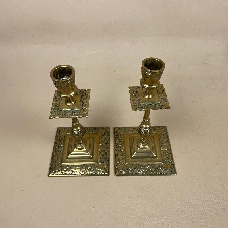 Antique Matching Pair Of Gold Brass Metal Candlestick Candle Stick Vintage Column Taper Dinner Candlesticks Square Base Column Ornate Old photo vinterior