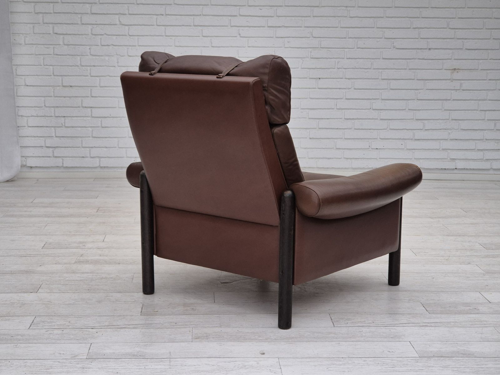 photo for sale 1970s, Danish Armchair, Original Condition, Furniture Leather, Dark Oak Wood.