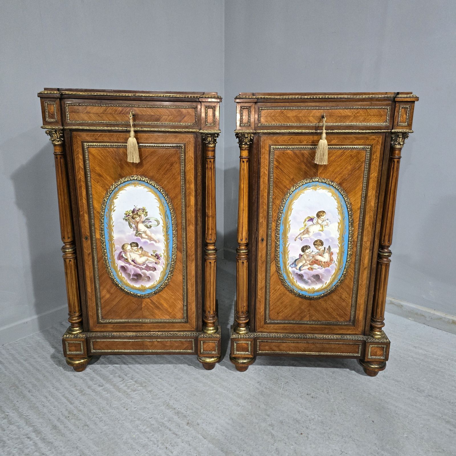 Fabulous Pair Of Tall French Louis XVI  Porcelain Mounted Cabinets