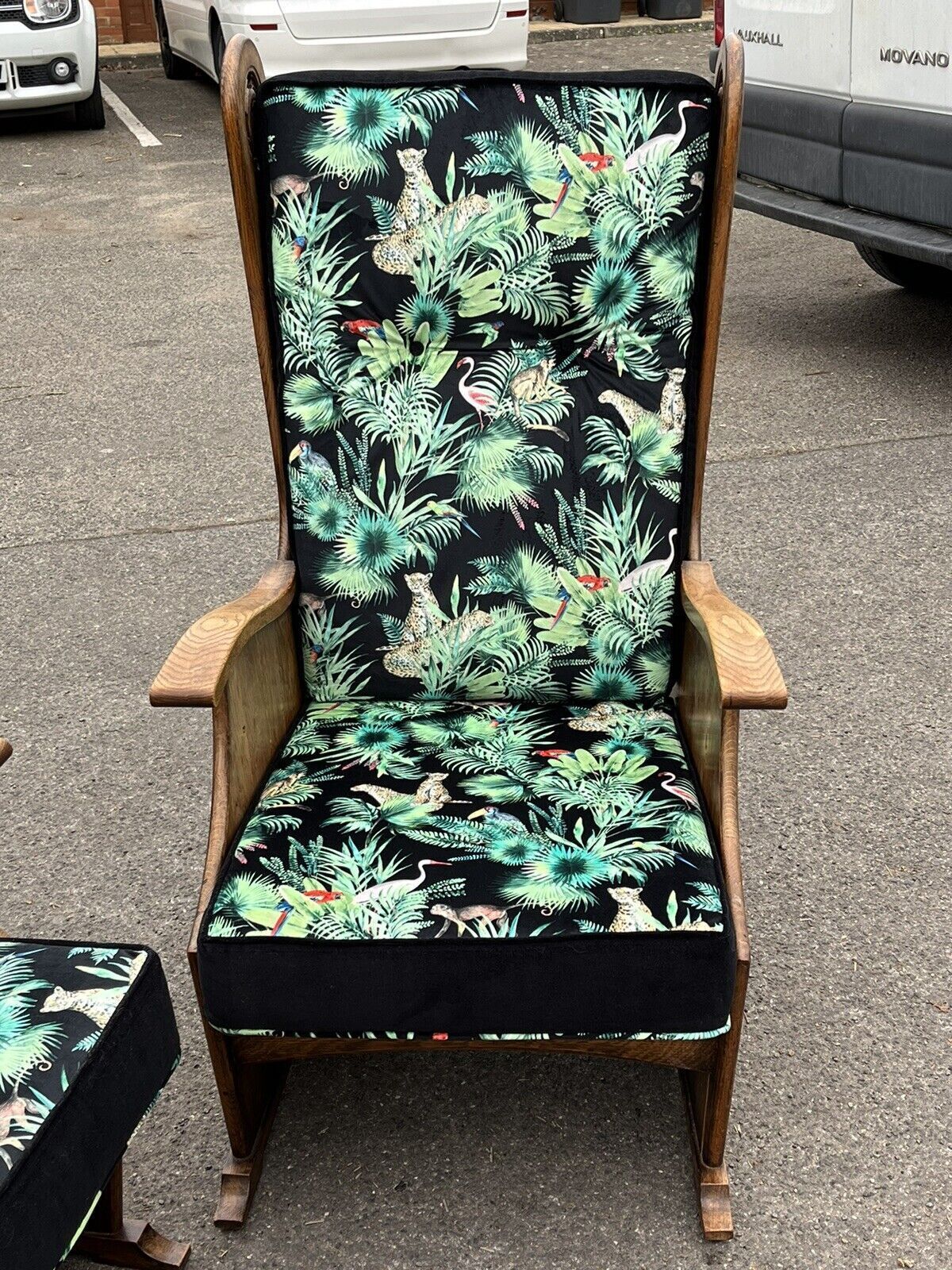 Mid Century Oak Armchair In New Upholstery In A Designer Print. photo vintage