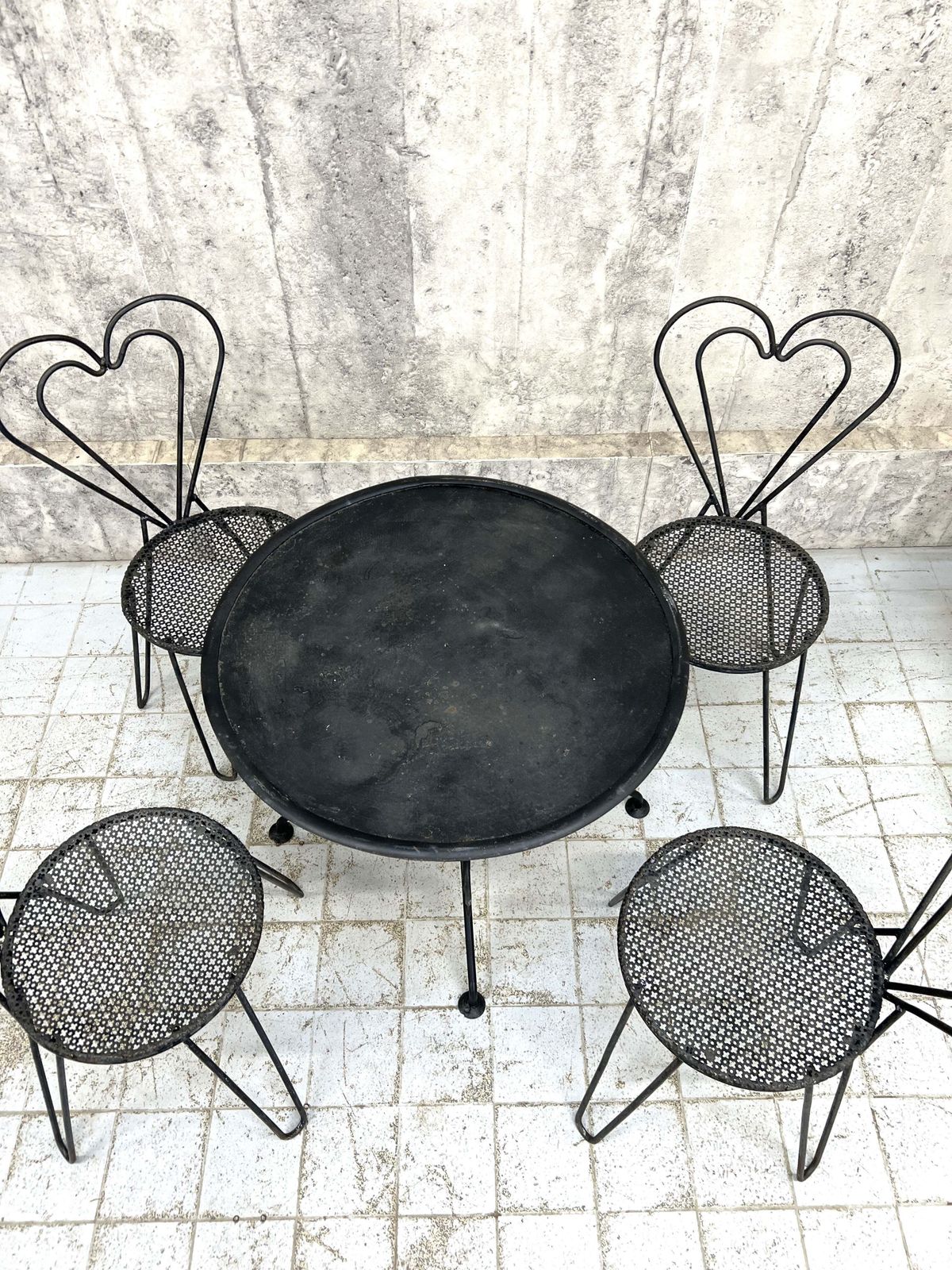 Set Of 4 Black Metal Garden Chairs And Circular Table photo for sale